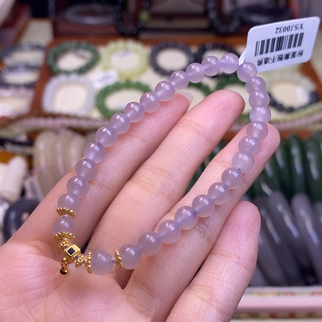 颈饰未镶嵌和田玉老矿料冰底烟紫手串6m