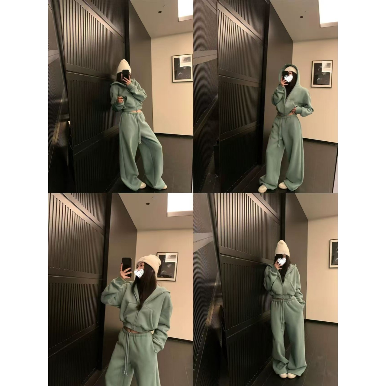 "lu系小火山"超暖蓄热粒绒连帽卫衣+打底+宽松阔腿裤套装 82220