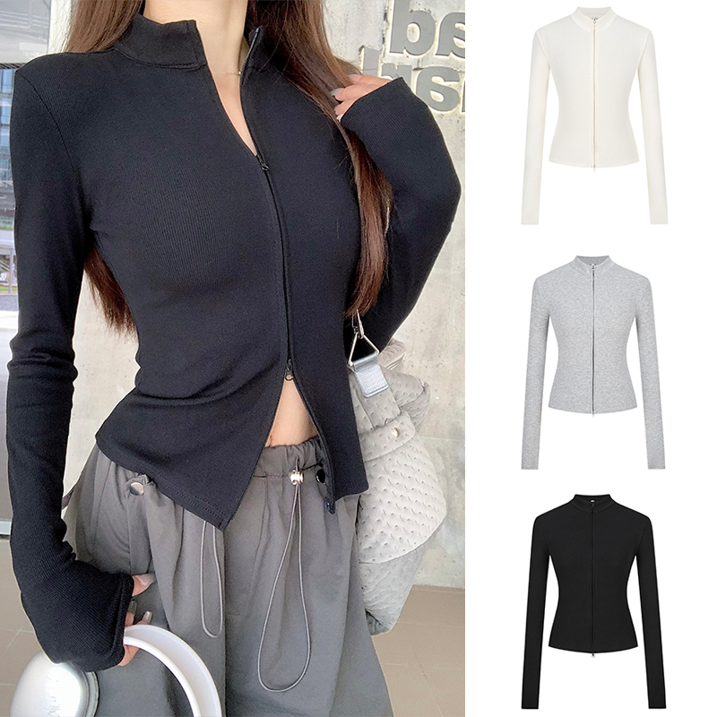 Moses Queen/魔西女王美式双拉链外套抗条上衣女立领修身掐腰开衫