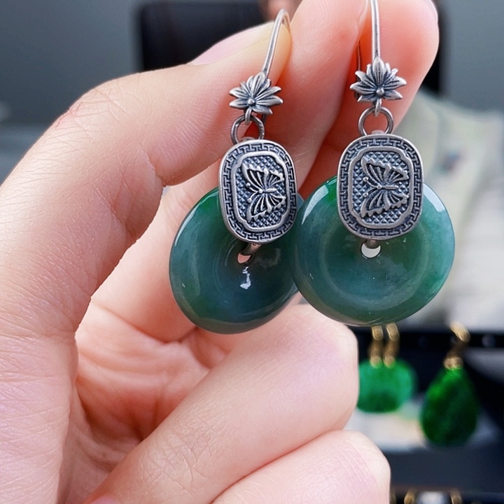 翡翠耳饰银S925镶嵌饰品