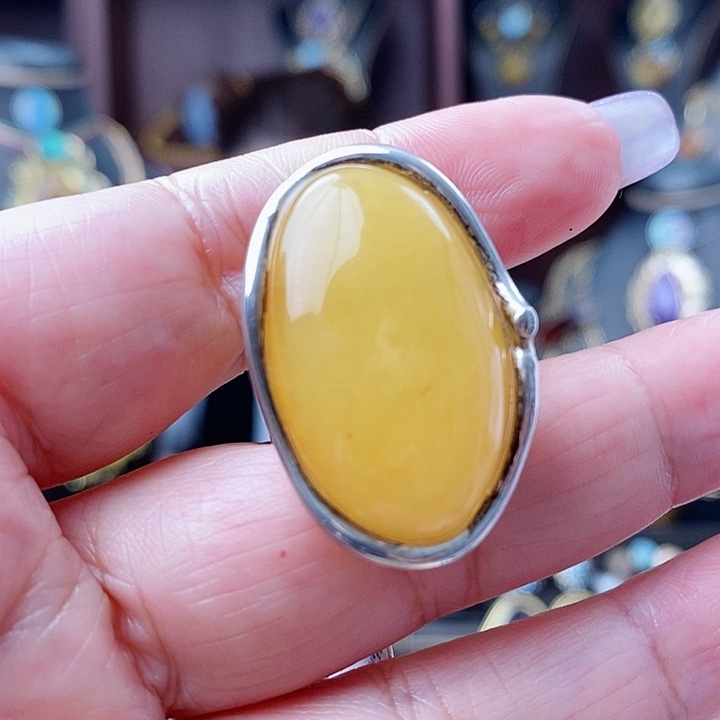 琥珀戒指银S925镶嵌戒指