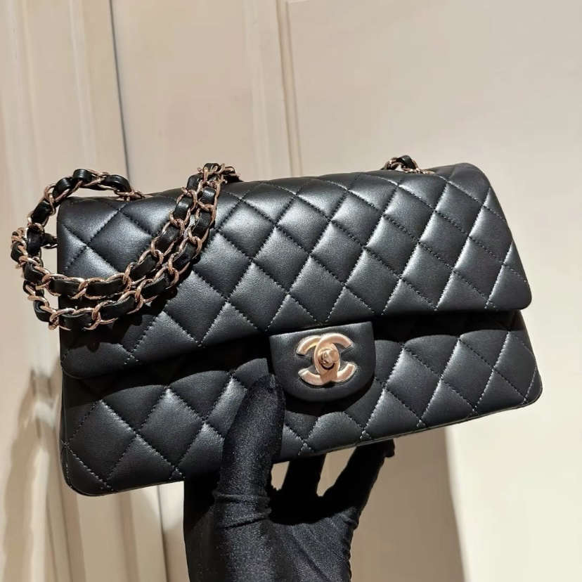 99新 Chanel/香奈儿 Chanel黑金芯片玫瑰金中号cf 25110080-02