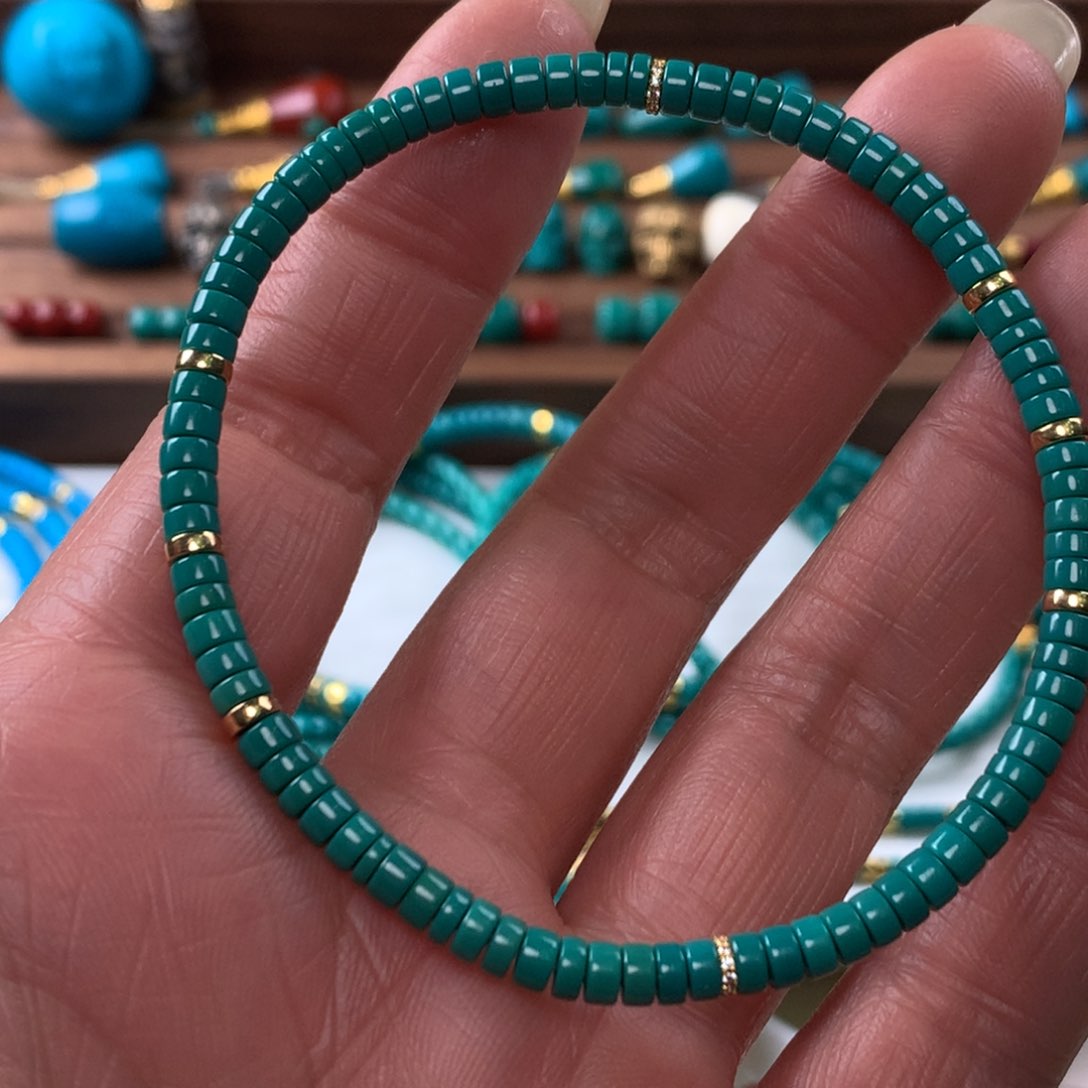 绿松石手串18K金镶嵌姑***雕