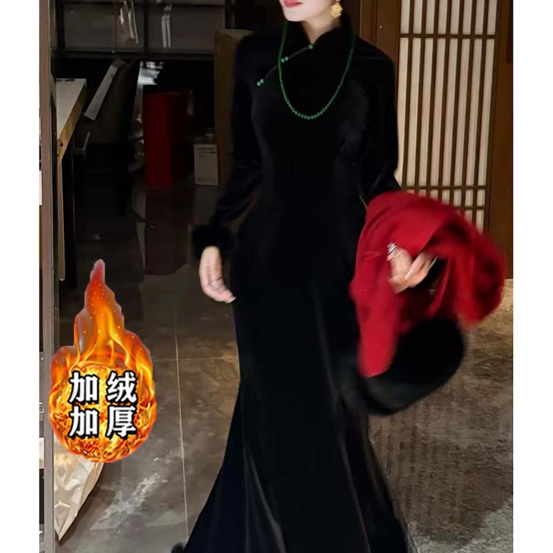 【加绒加厚】时尚优雅鱼尾步步生莲新式旗袍连衣裙TX0273