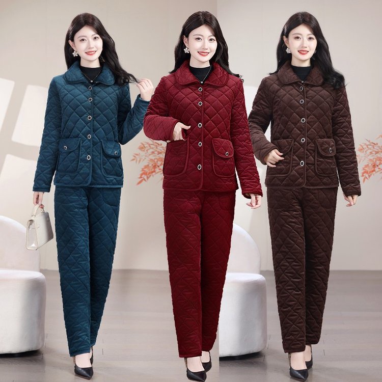 冬季加绒加厚妈妈装棉服灯芯绒保暖棉衣棉裤两件套