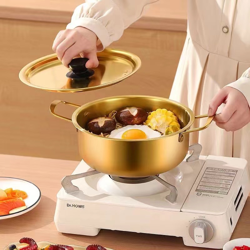 宿舍小火锅不锈钢拉面锅韩式金色泡面锅家用燃气电磁炉小汤锅面锅