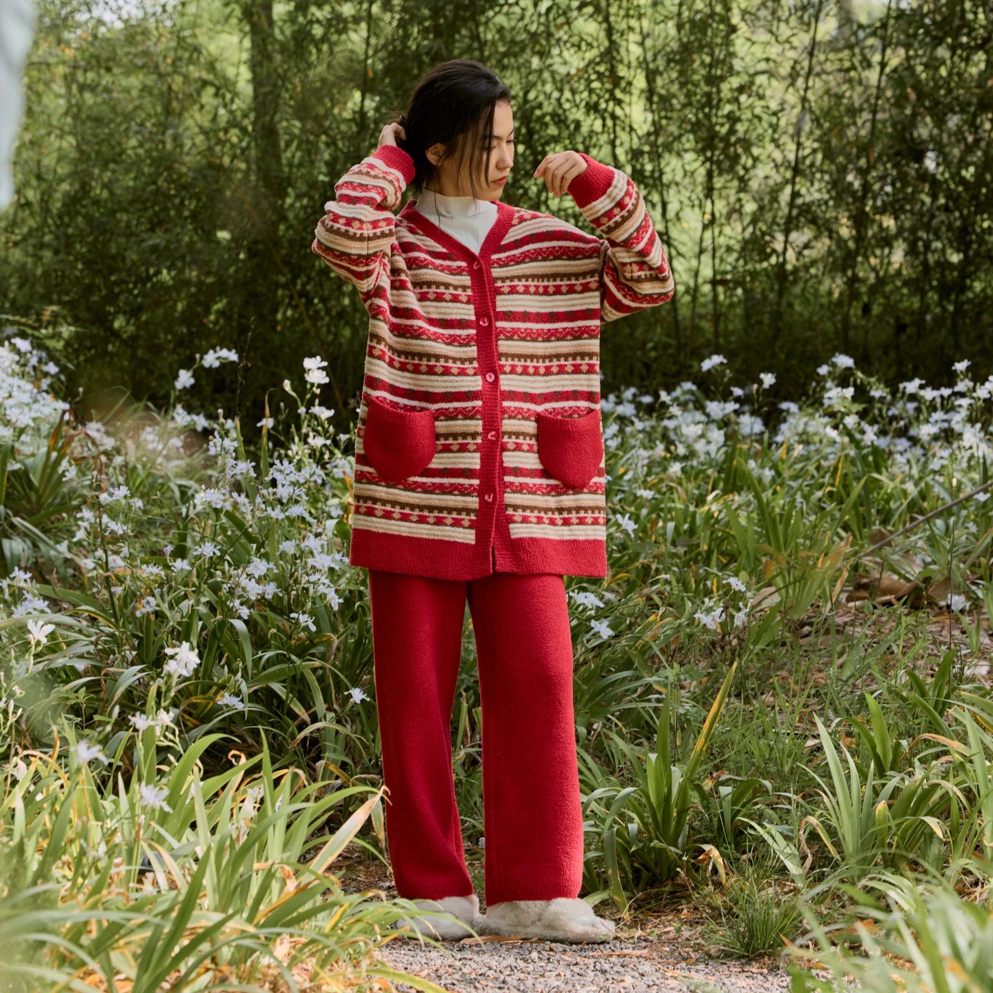 朵朵可可睡衣女秋冬半边绒羽毛绒条纹家居服套装DW252CZ148