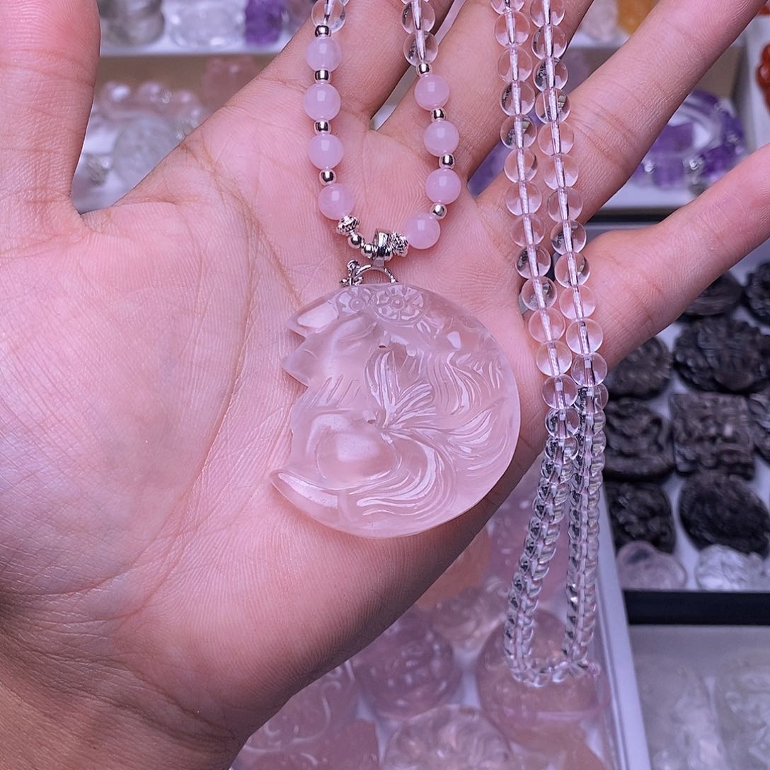 未镶嵌颈饰水晶粉水晶月亮狐吊坠 送链子