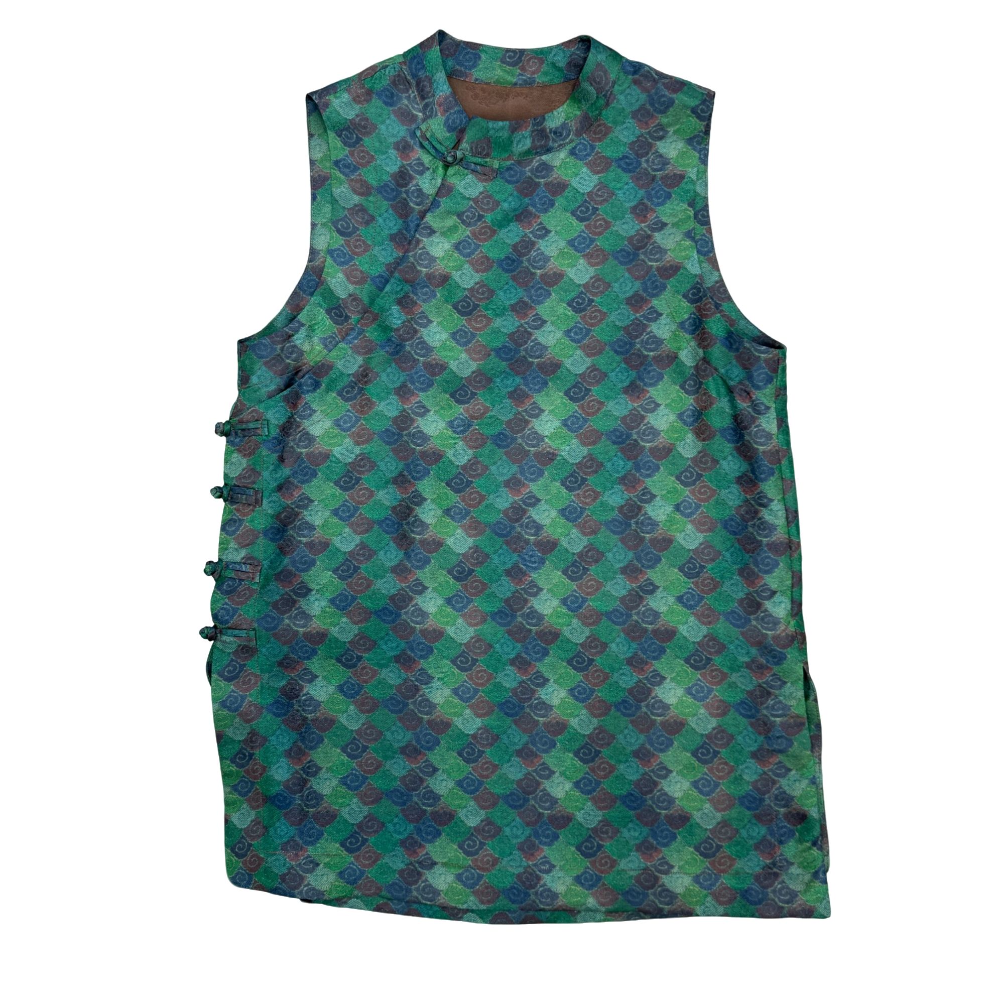 【云纱】无袖立领中长款提花上衣新中式文艺女士背心绿色国风上衣