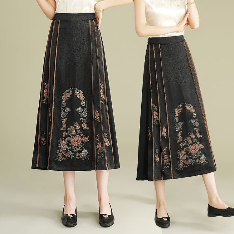 （墨韵丹绣）新中式绣花裙女士重工刺绣中长裙民族风复古半身裙百搭