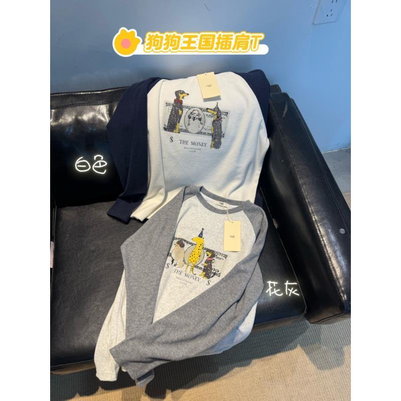 站立狗狗国王韩系简约款休闲百搭软糯糯插肩T恤-LD254542