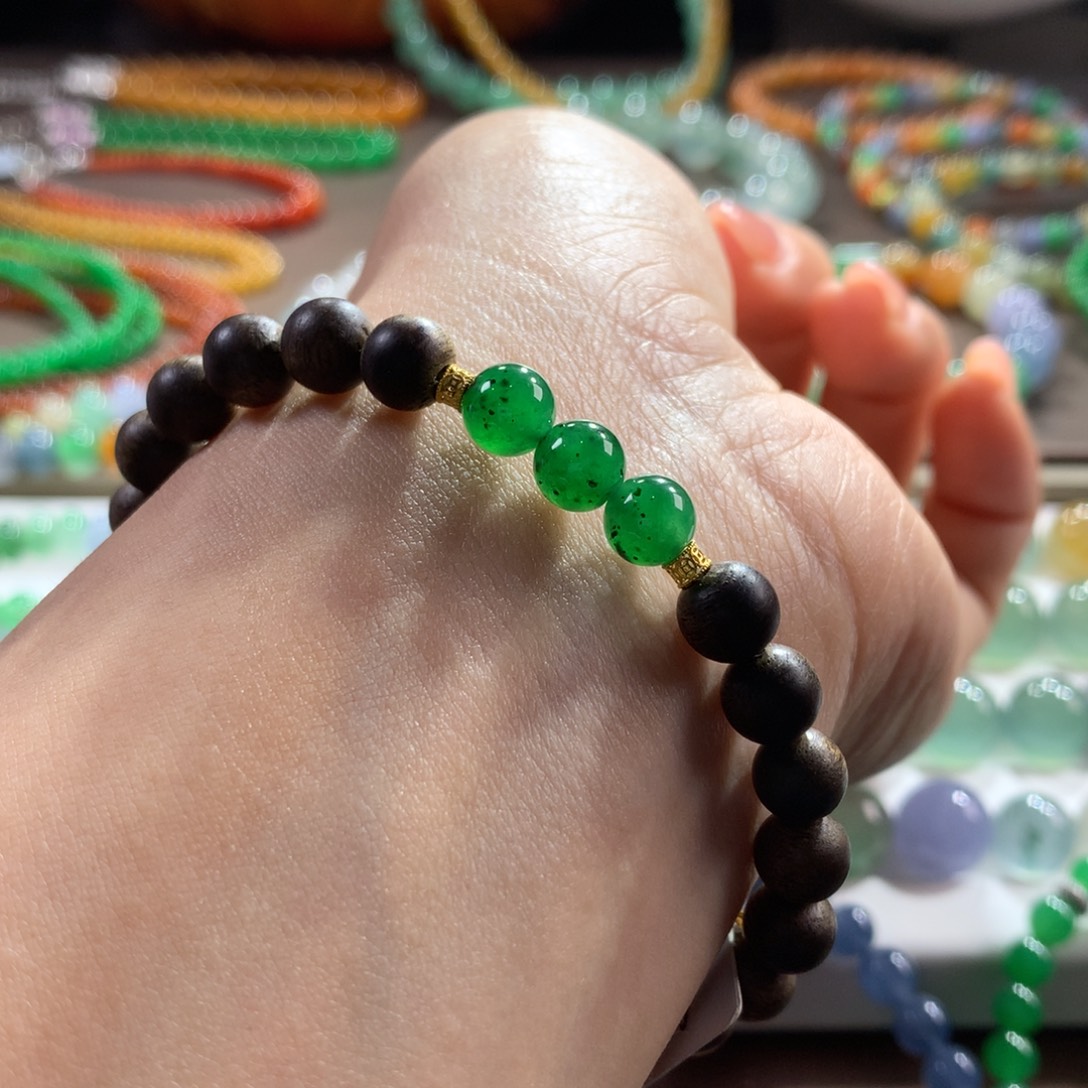 翡翠未镶嵌手链冰润浓阳绿虎皮翠卡6.5