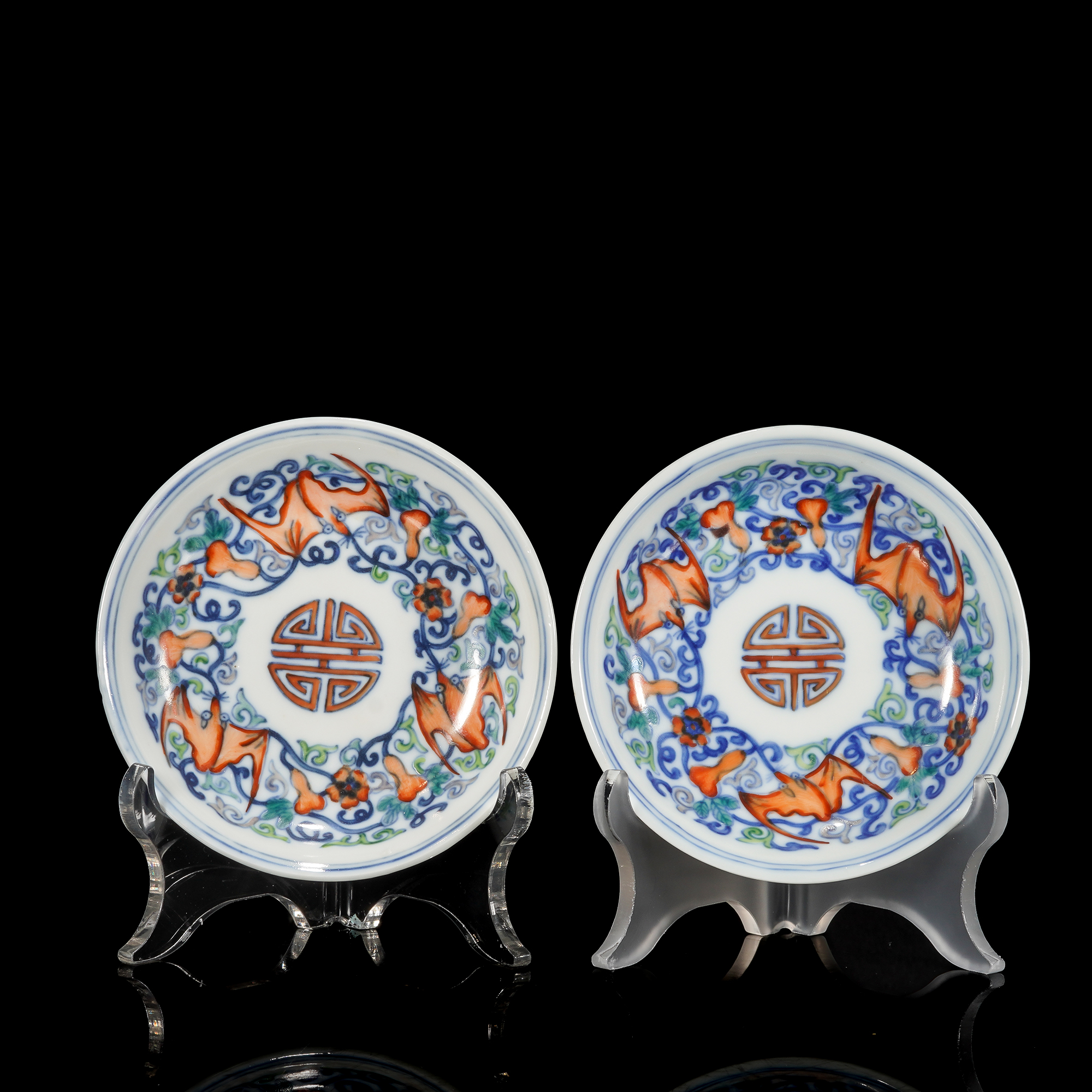 宣统斗彩福寿纹盘一对/c890