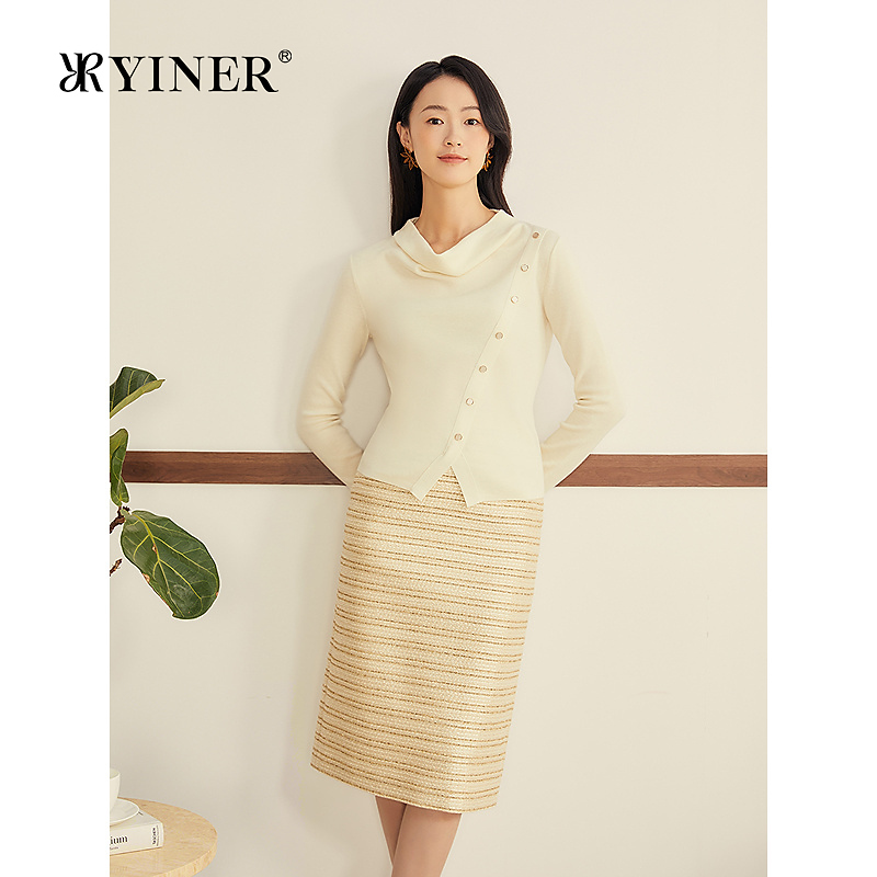 YINER音儿2025冬季新款法式云柔亲肤美丽诺羊毛S型荡领针织衫