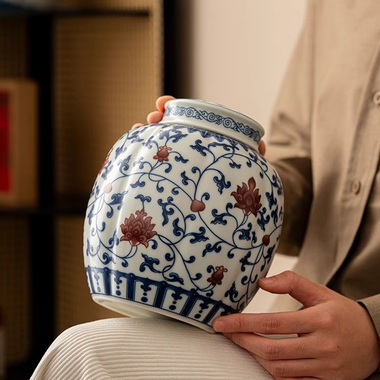 景德镇缠枝莲陶瓷密封罐茶叶罐安全包装元代复古储茶罐大容量