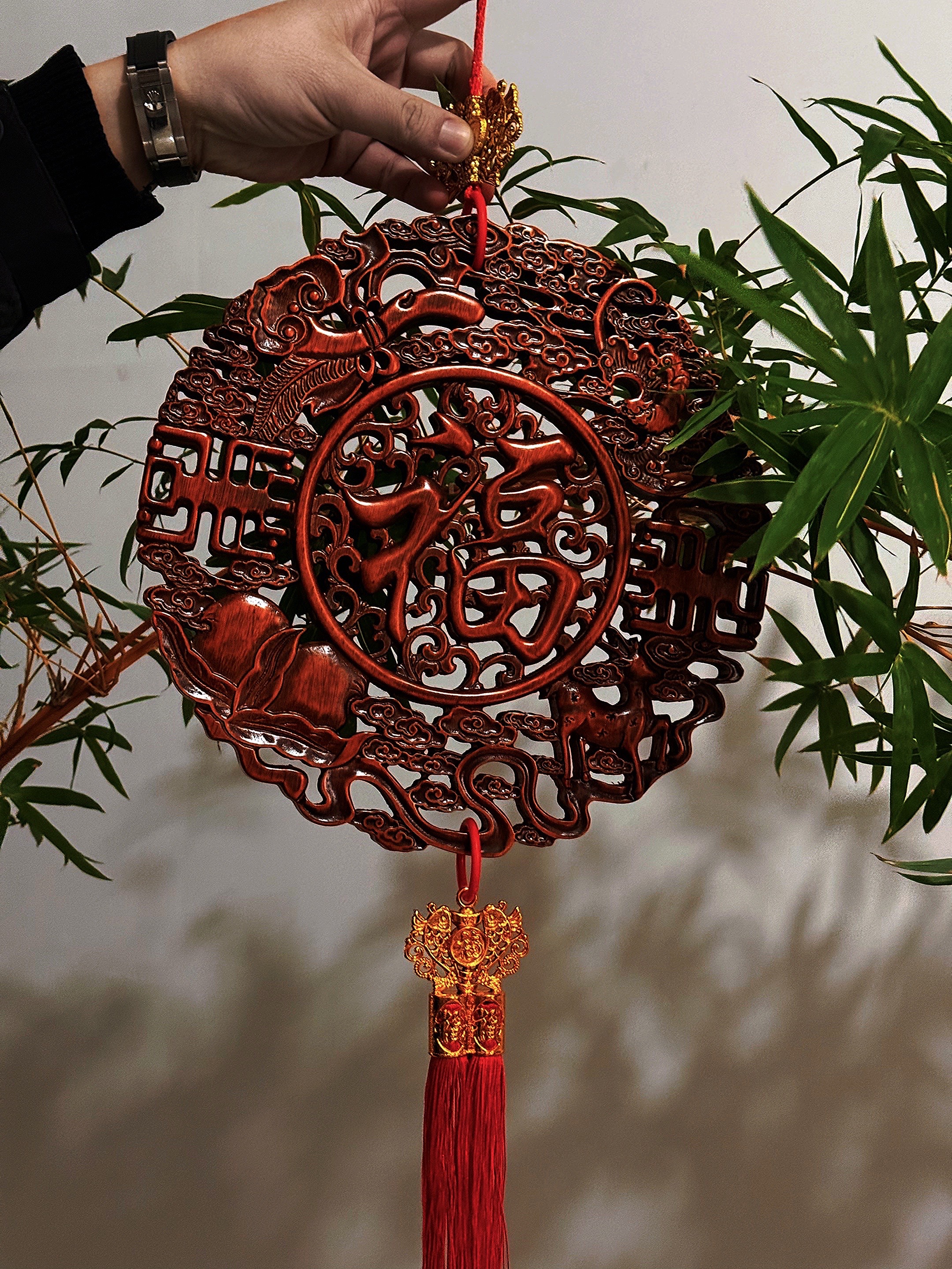 香樟木 福禄寿喜福挂  创意家居摆件 直径28公分(送配件挂钩