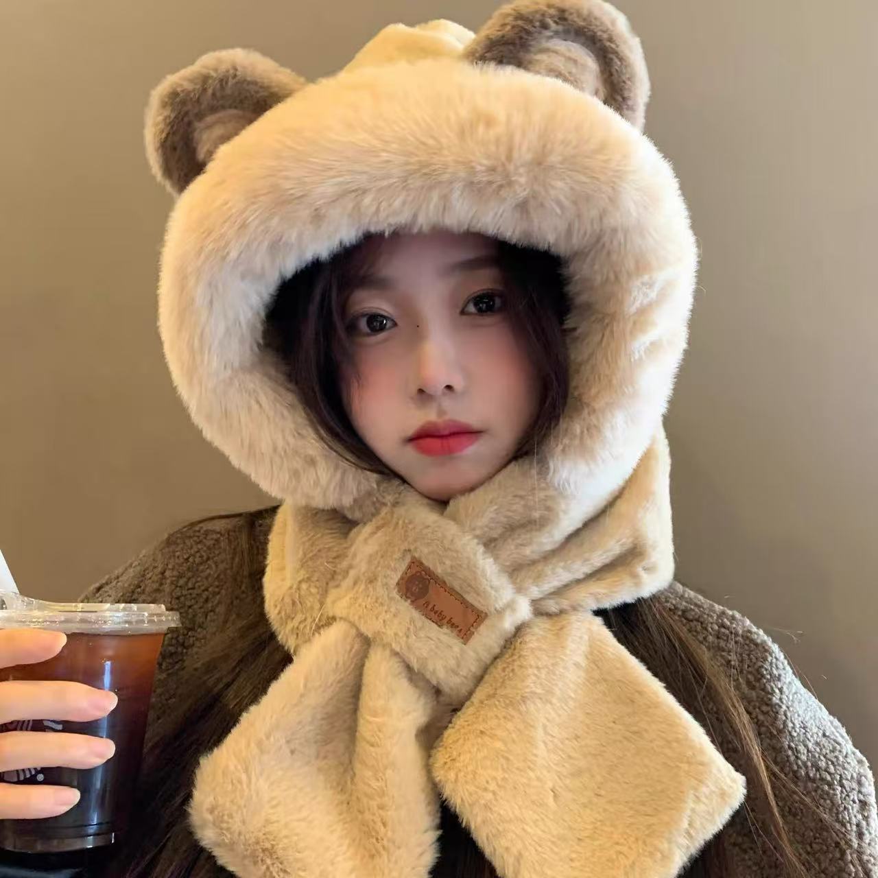 冬季帽子围脖一体休闲风女加绒毛绒防寒骑车护耳帽学生防风保暖帽