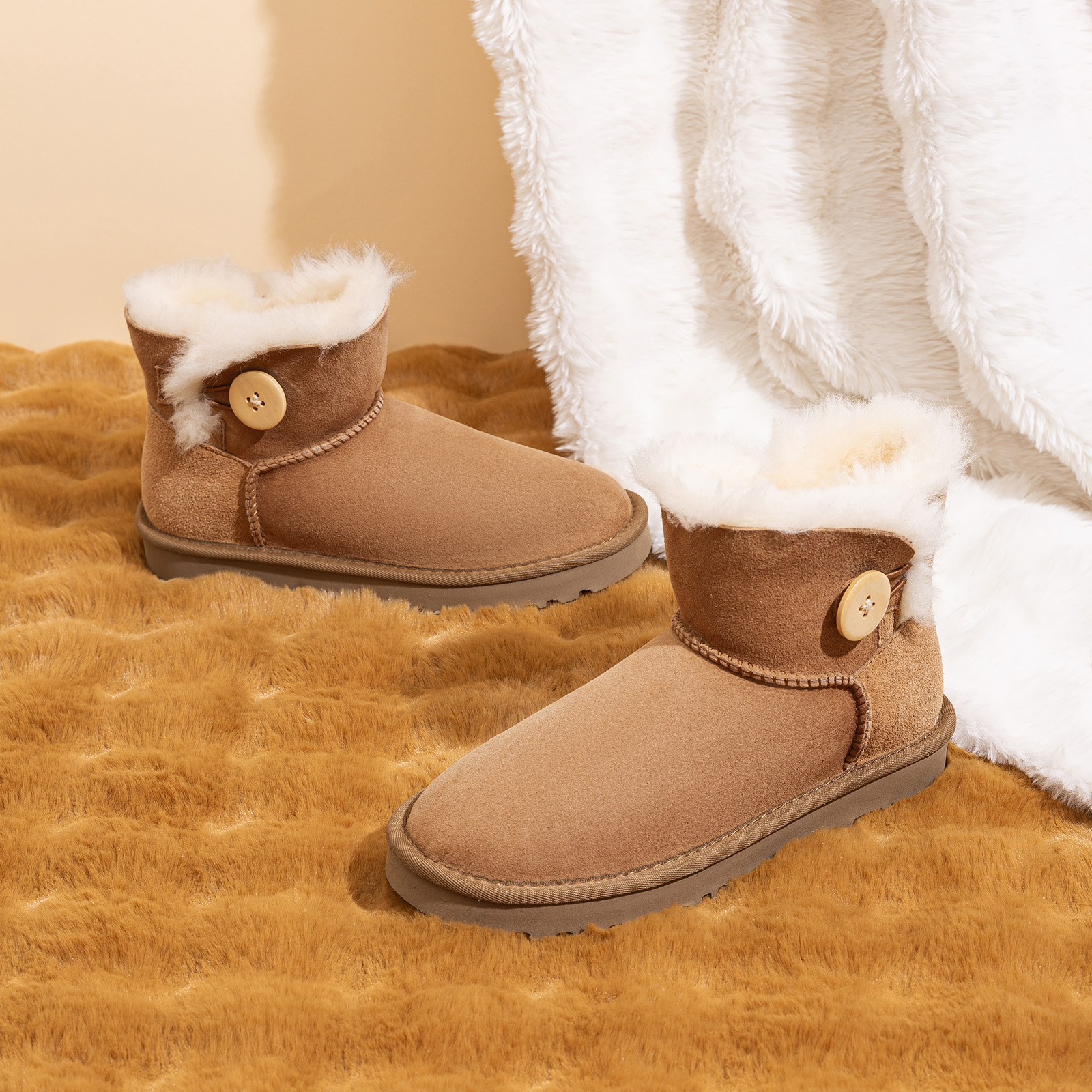 婷婷【羊皮毛一体】经典3352一粒扣低筒时尚保暖加厚加绒雪地靴