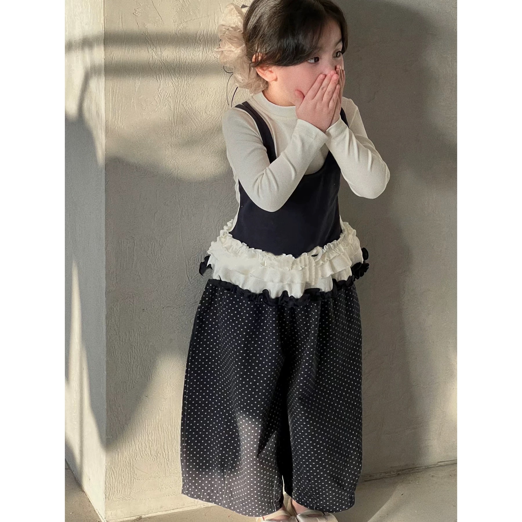 女童春季长袖打底衫假2件2025女孩吊带拼接T恤波点阔腿裤叠穿套装