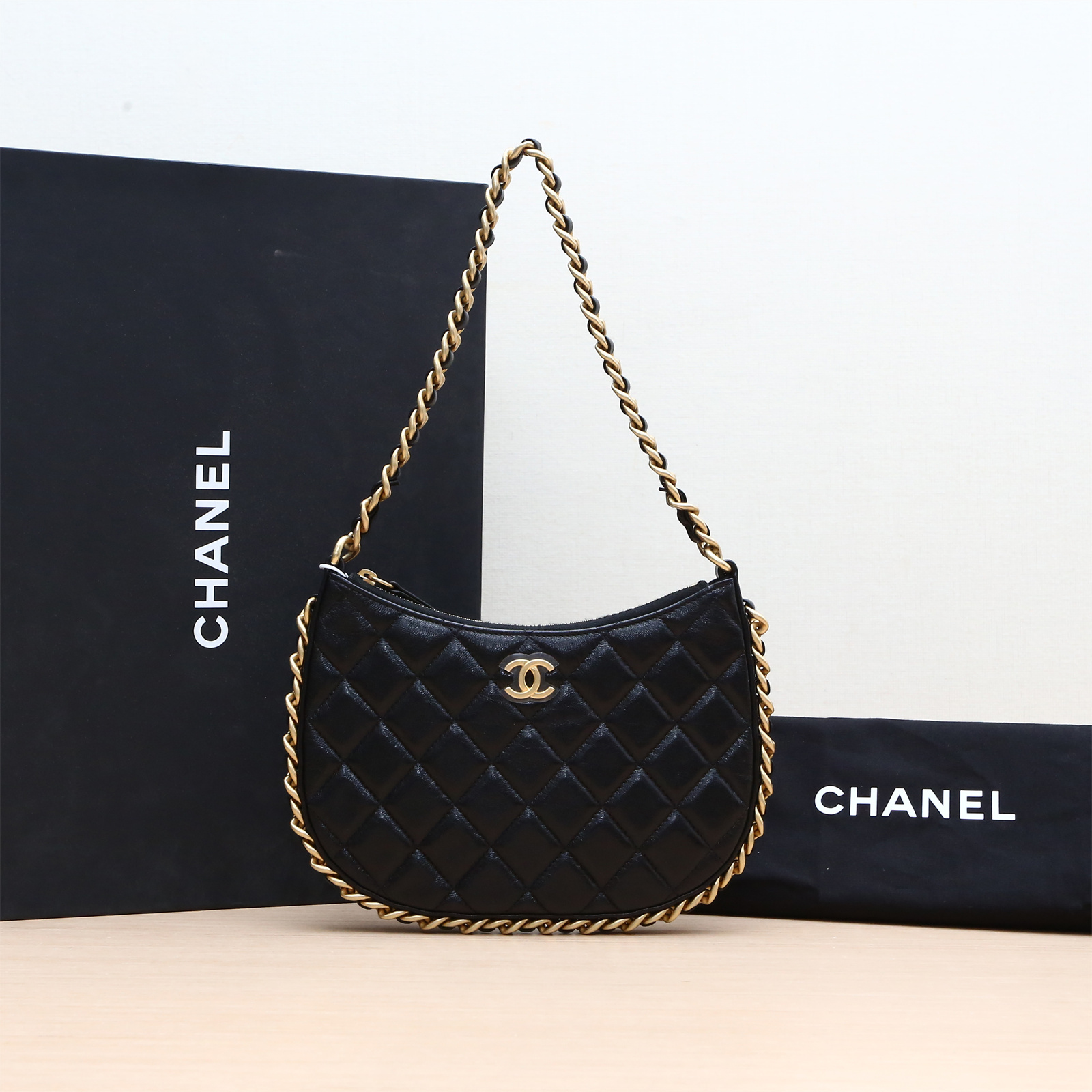 99新 Chanel/香奈儿 活动【小花Han】23B 嬉皮包Hobo 黑色芯片开 包