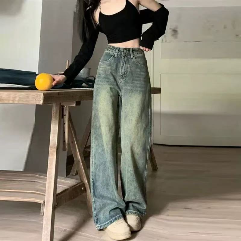 美式复古牛仔裤女2025秋季新款高腰显瘦百搭宽松阔腿裤拖地裤子