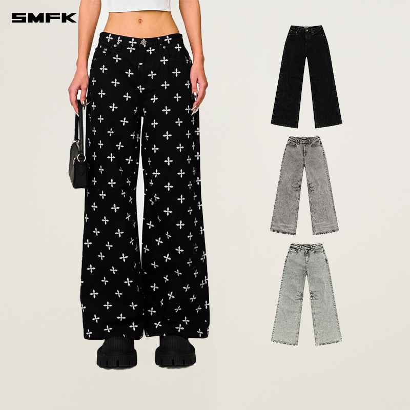 SMFK十字经典阔腿牛仔裤 PD005BJ 复古休闲百搭显瘦时尚直筒长裤