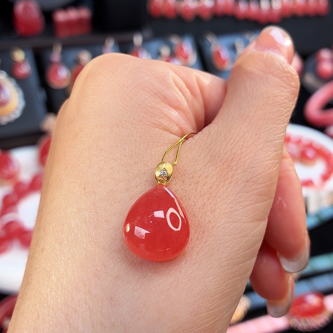 菱锰矿（红纹石）18K金镶嵌吊坠(不含链)
