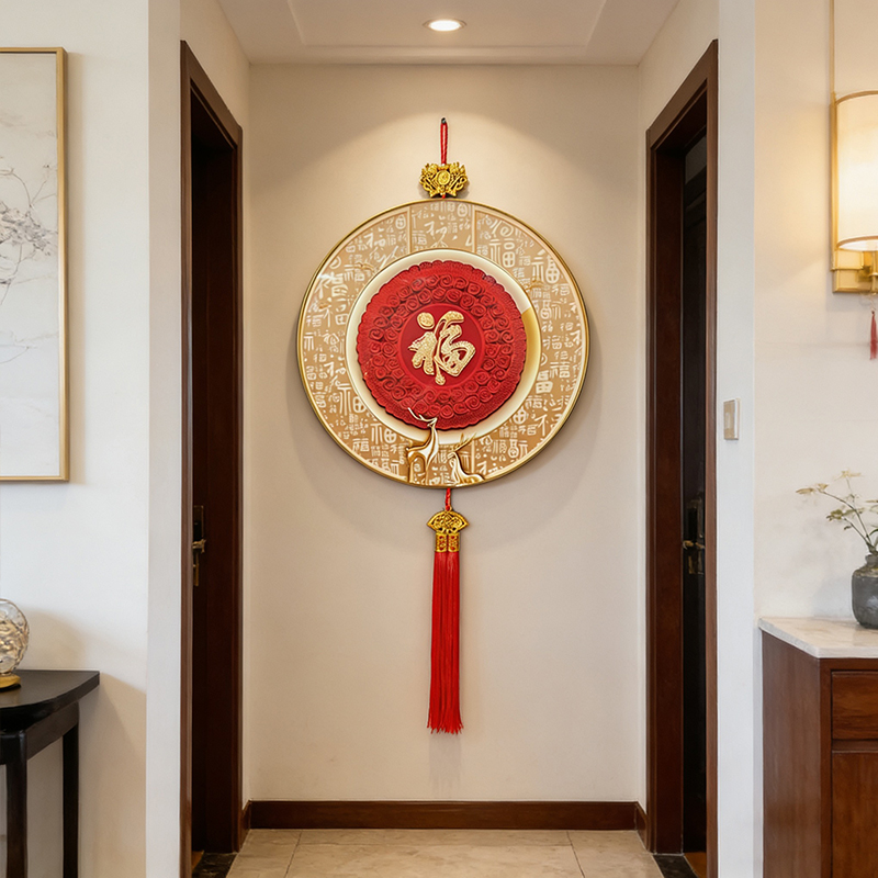 L新中式玄关装饰画带灯画圆形挂画进门画寓意麋鹿客厅挂画H6
