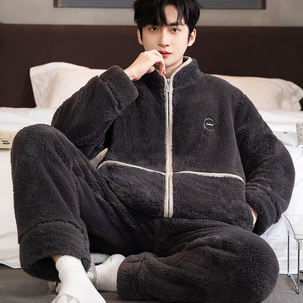 睡衣男秋冬加厚加绒法兰绒套装珊瑚绒家居服开衫拉链大码保暖冬装