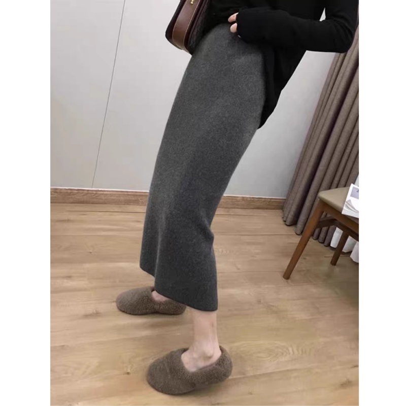 【钰琪】针织半身裙女秋冬高腰显瘦开叉中长款包臀裙一步直筒长裙