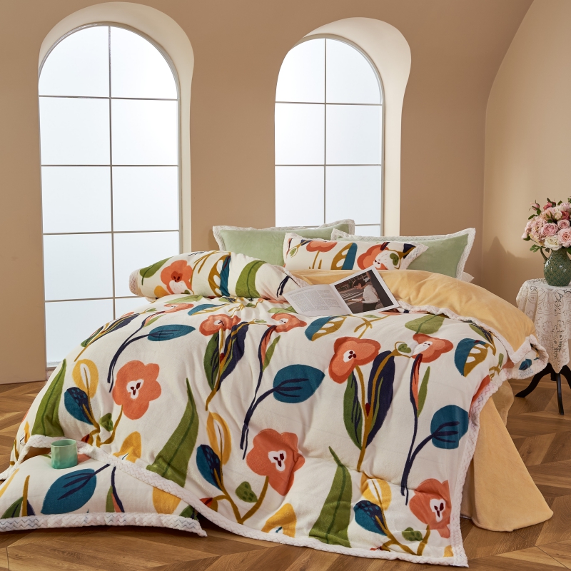 时尚简约小清新款高克重印花牛奶绒毛毯工艺白包边款四件套