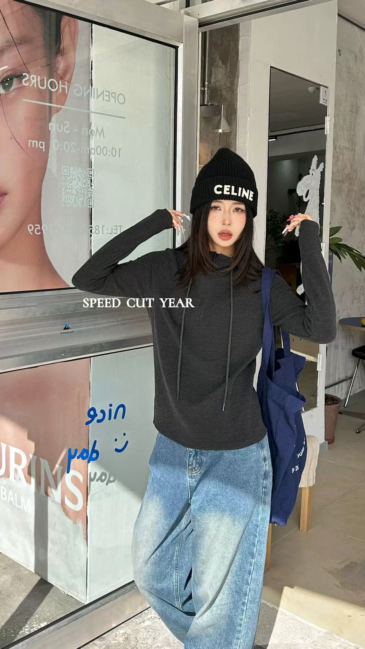 【宝儿姐BR】速裁琪年39655连帽半拉链刺绣小标打底保暖套头帽衫