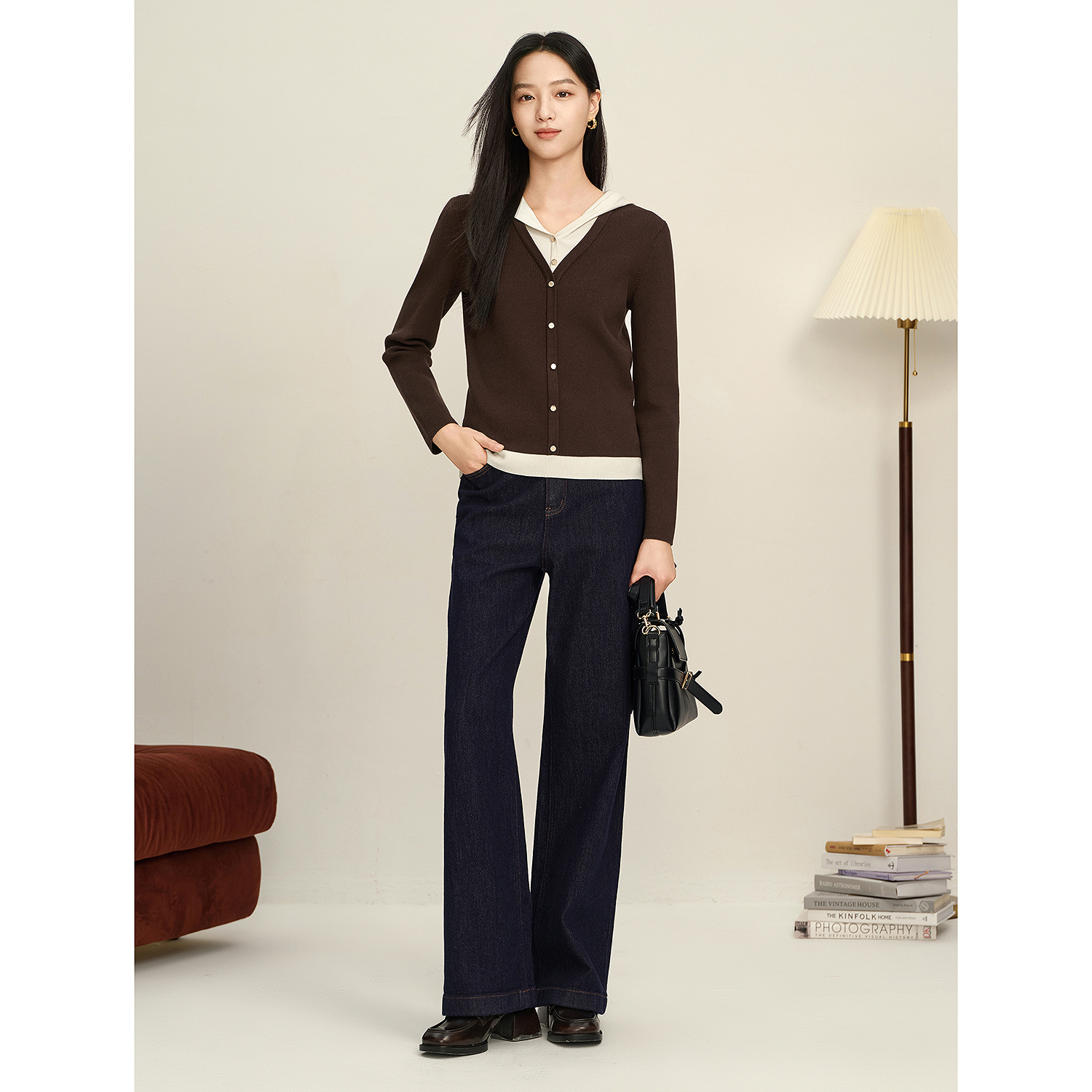 JUZUI玖姿JYFQ31001优雅帽领长袖假两件针织衫女2025秋季新款