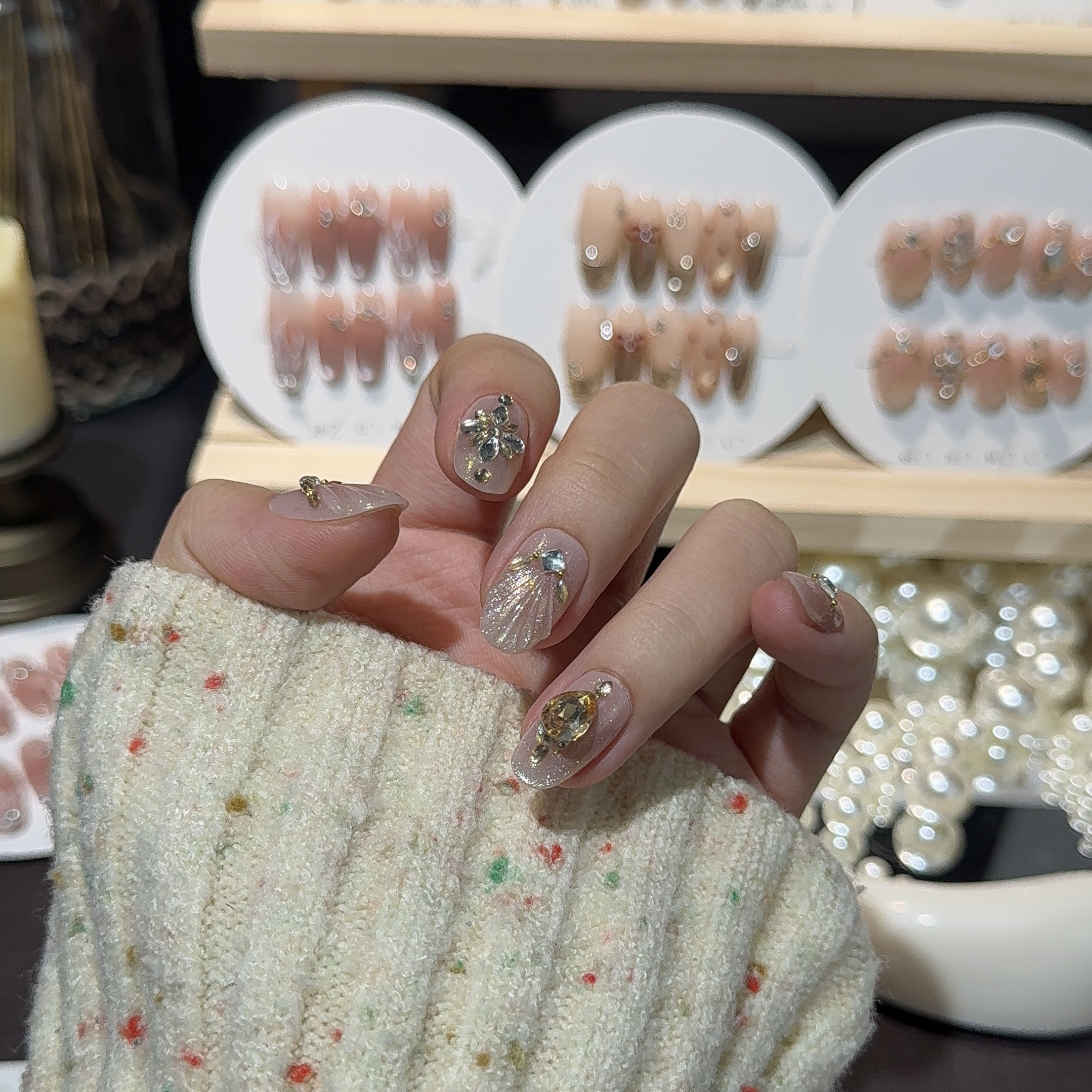 Y010高级显白纯手工可拆卸满钻猫眼爆闪穿戴甲（拍1发6工具齐全）