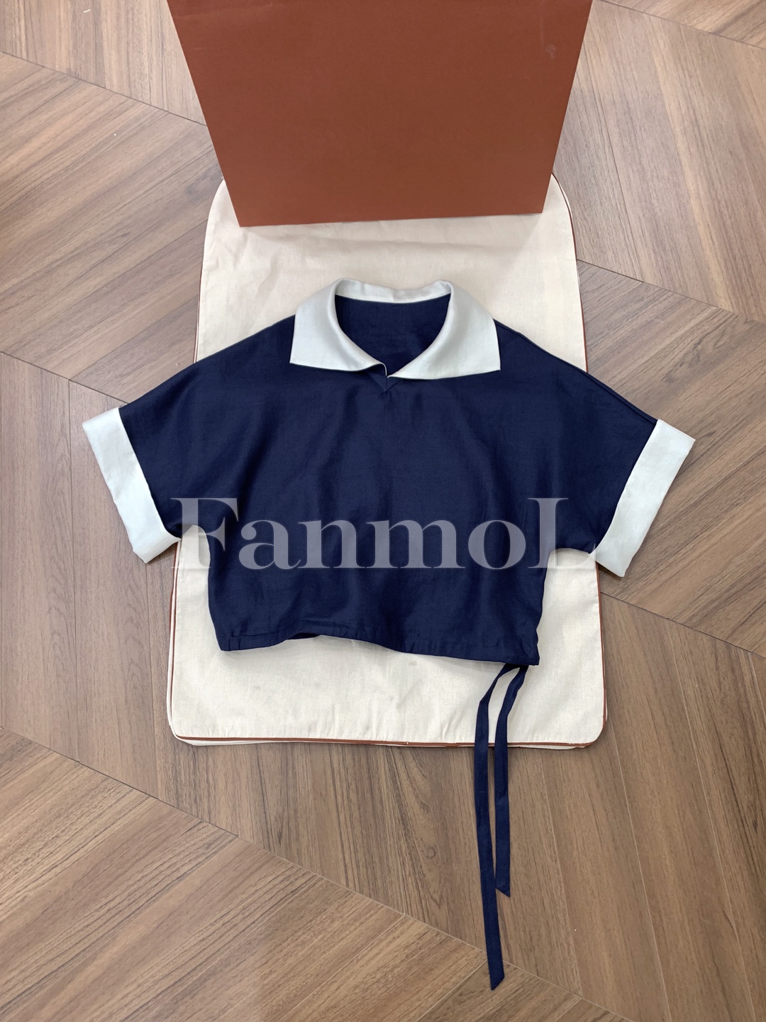 CLASSIEVU~polo翻领进口亚麻纯色海军风藏蓝色女款短袖上衣