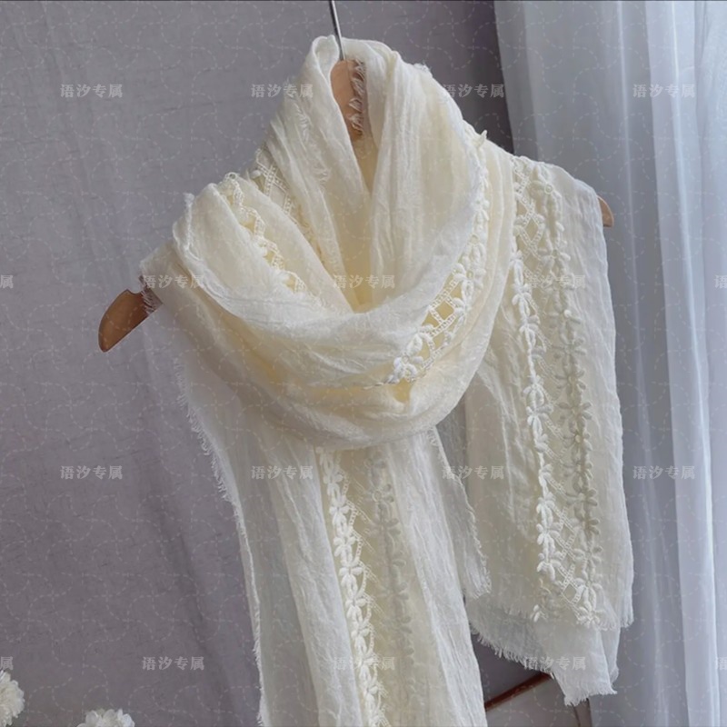 云朵触感轻柔仙气蕾丝棉麻围巾白色质朴自然文艺女秋冬棉质披肩