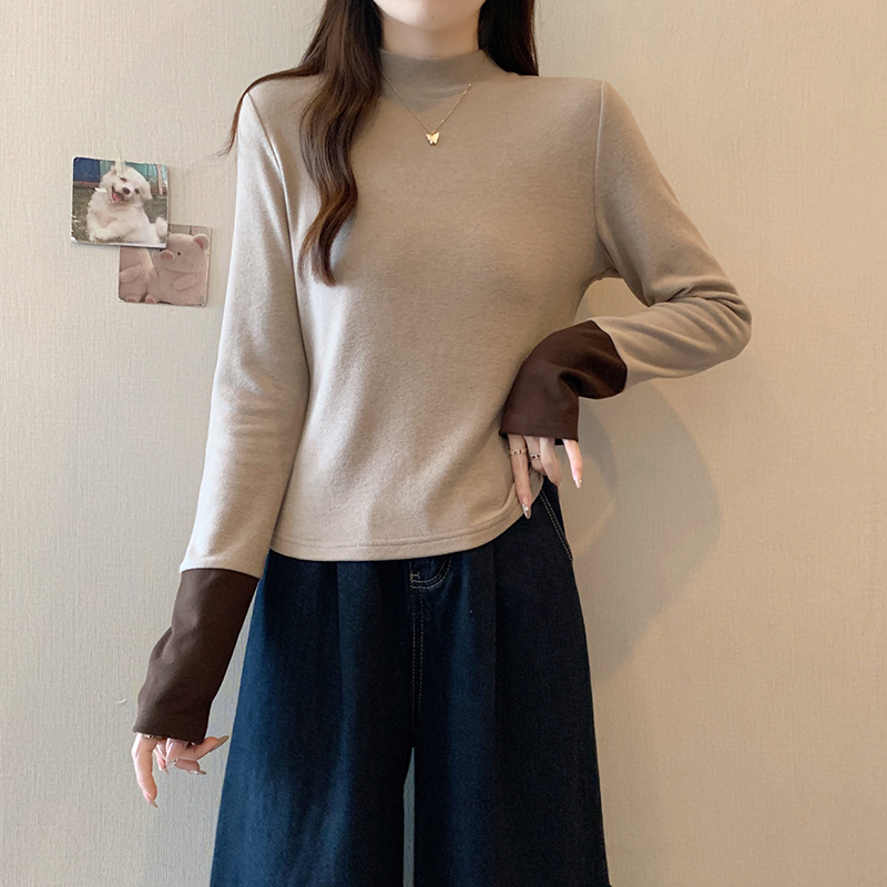 2025秋装新款胖mm大码女加厚保暖拼接半高领内搭打底衫