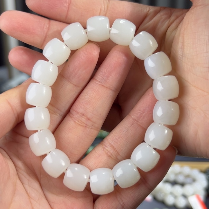 和田玉手串未镶嵌新疆天泰白玉卡13直切