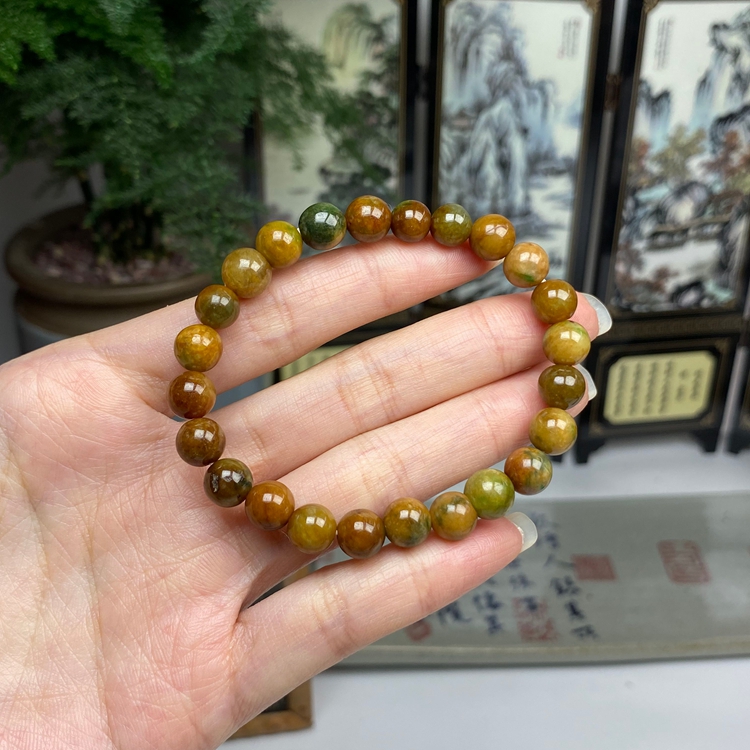 老料黄加绿圆珠手链 天然翡翠A货