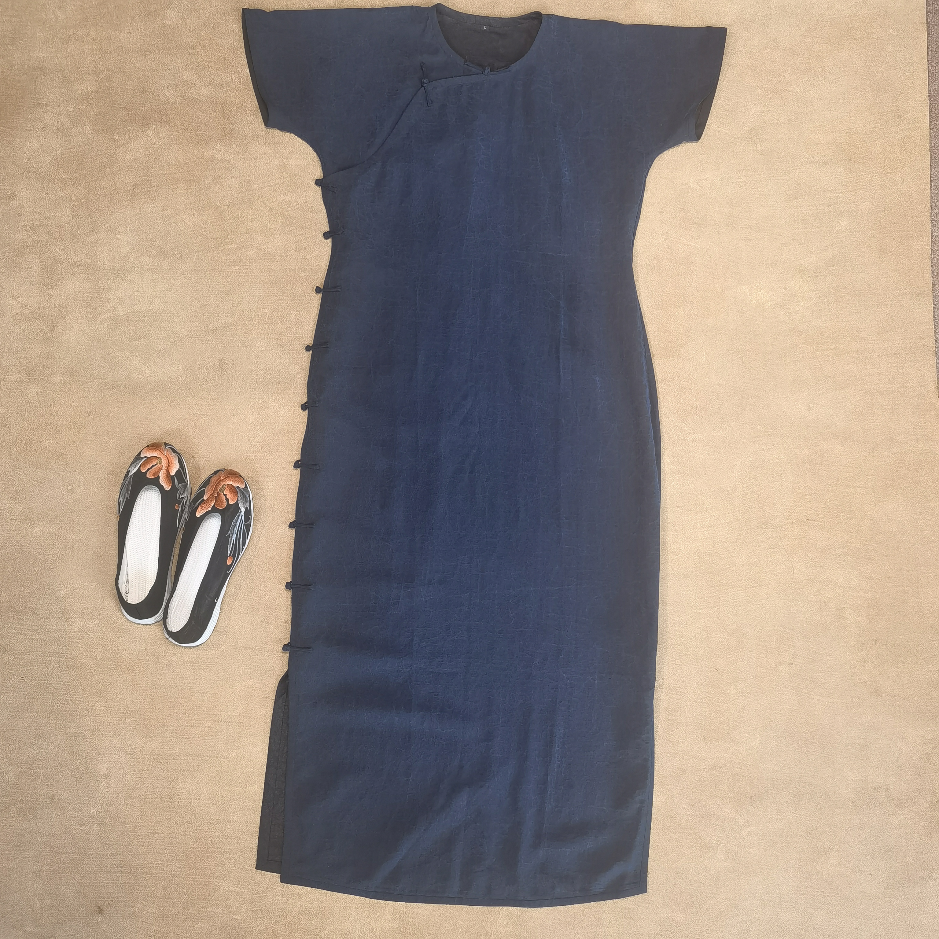 三一馆【蓝桂】龟裂纹万字纹莨纱一片式古法旗袍中国风气质新中式