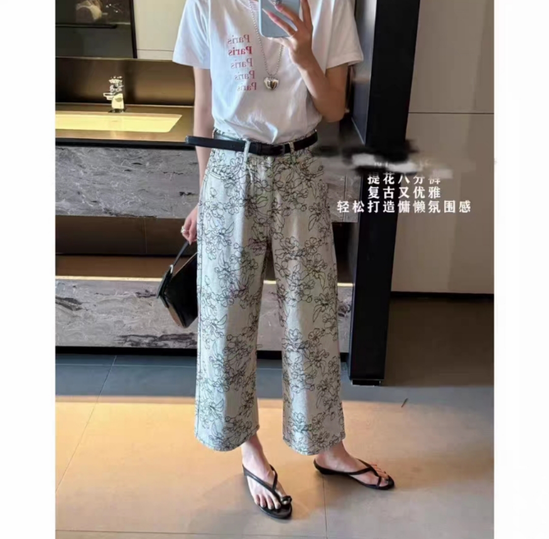 88828复古提花九分牛仔裤