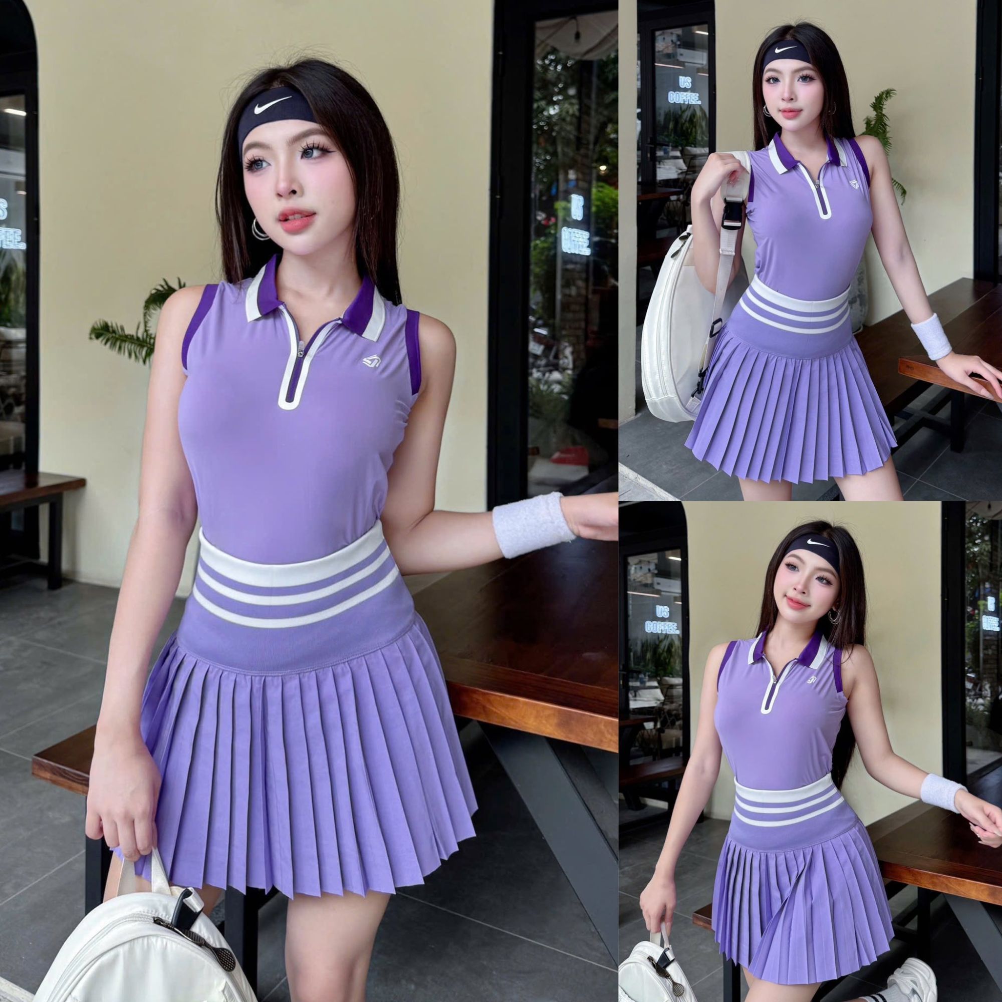 科里芙户外POLO领半拉链背心运动无袖加高腰拼色百褶网球裙套装