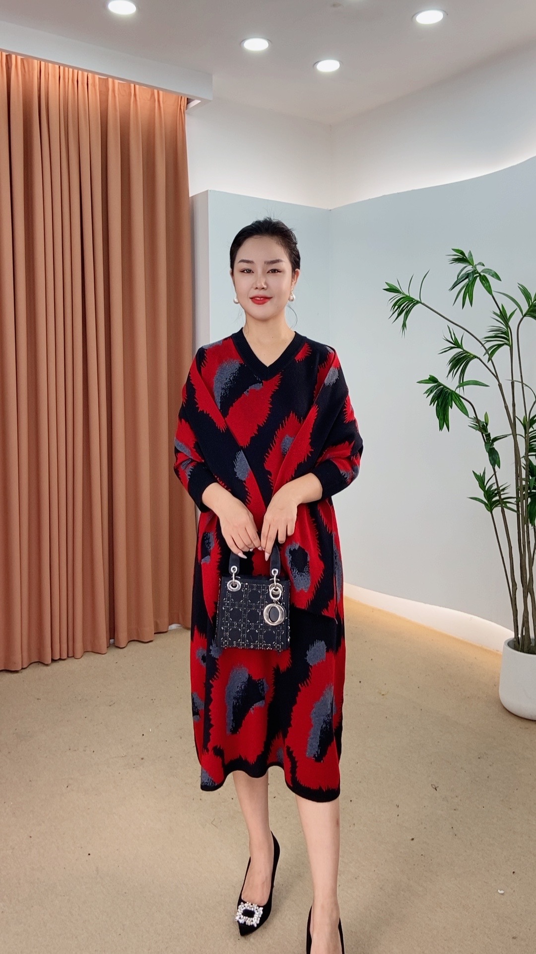  782秋冬季时尚针织提花长袖长款百搭连衣裙显瘦妈妈装