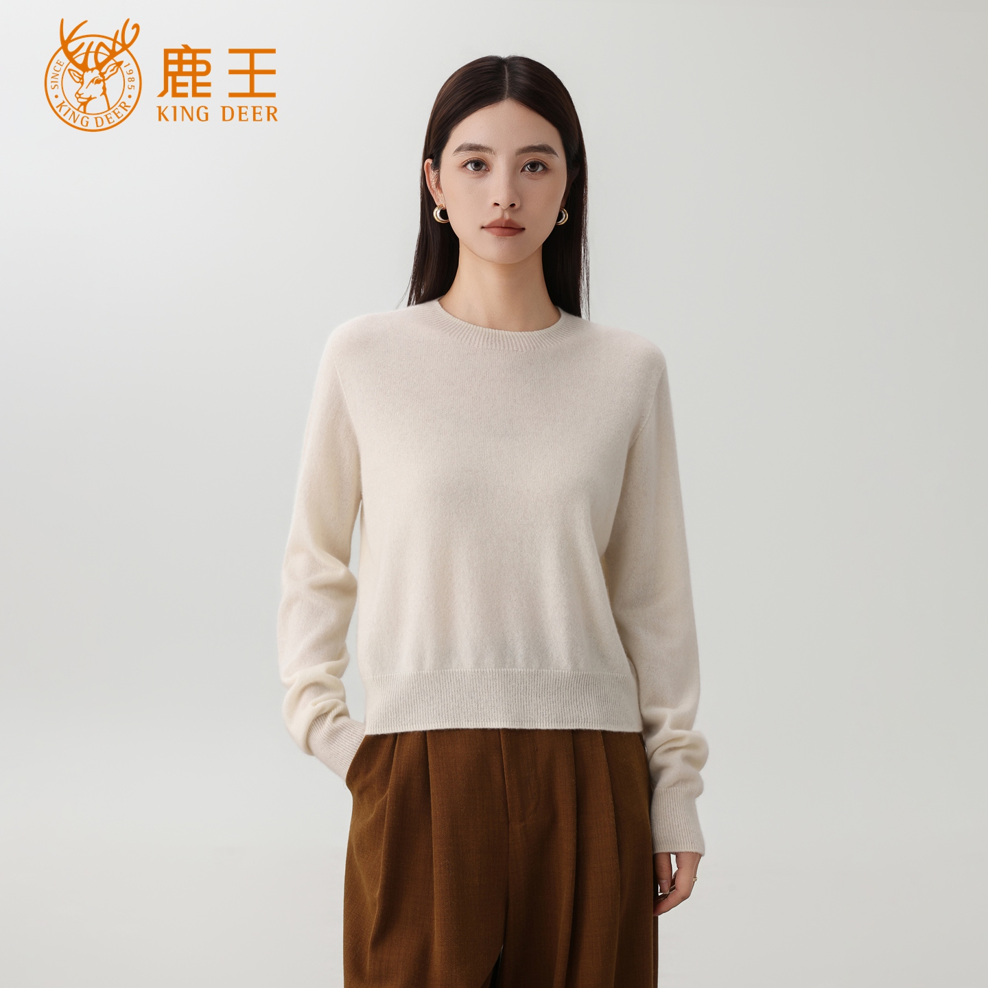 鹿王25秋冬新款女圆领100山羊绒纯色休闲百搭针织套衫 TW509