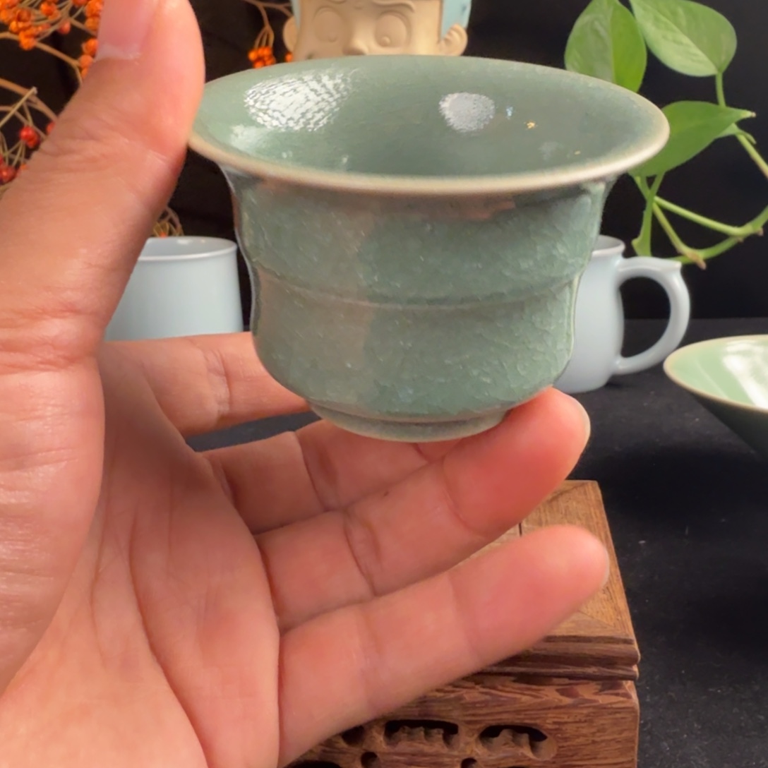 陶摆件汝瓷冰花鱼鳞开片竹节马蹄杯