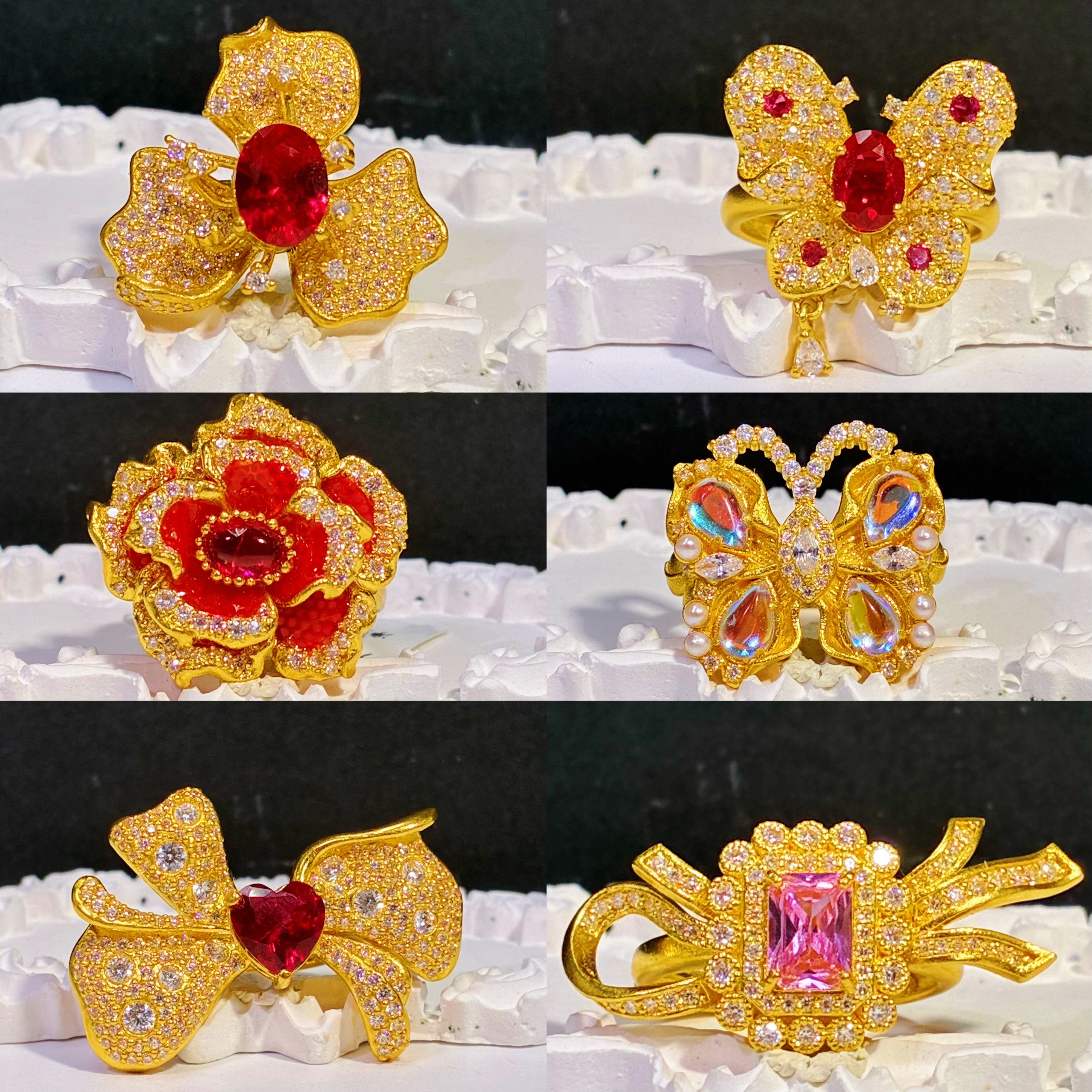 黄金足金999 满钻蝴蝶结-粉钻蝶结-满钻玫瑰花戒指精致高定