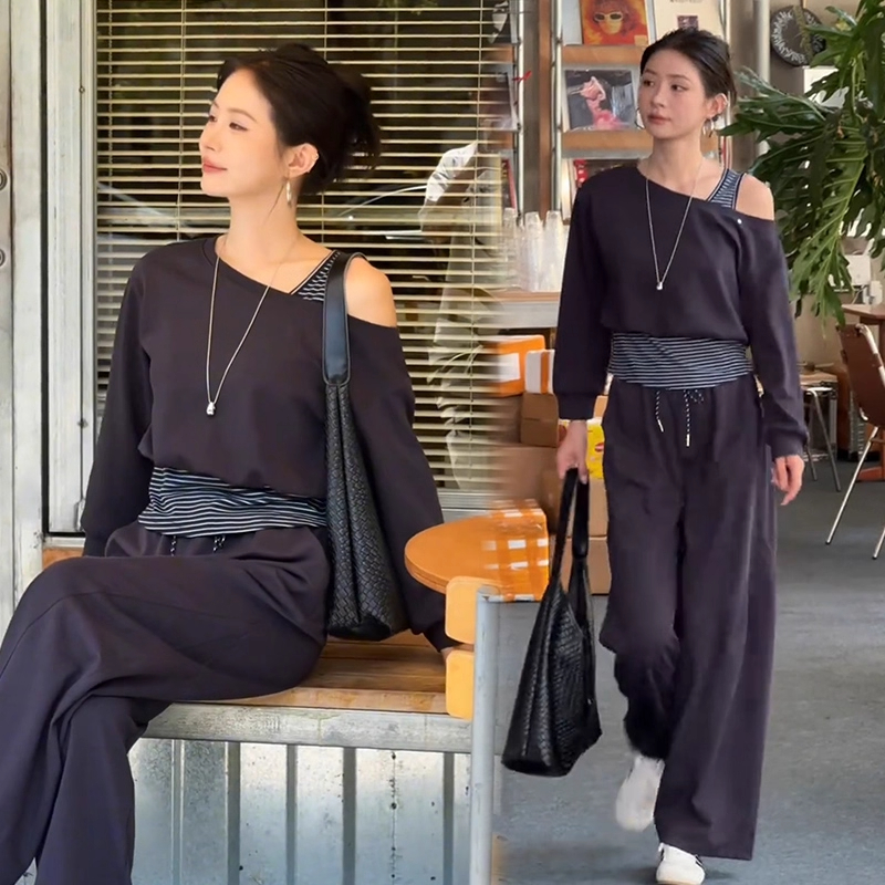 小性感套装女2025秋季新款设计感露肩拼接条纹上衣阔腿裤两件套潮