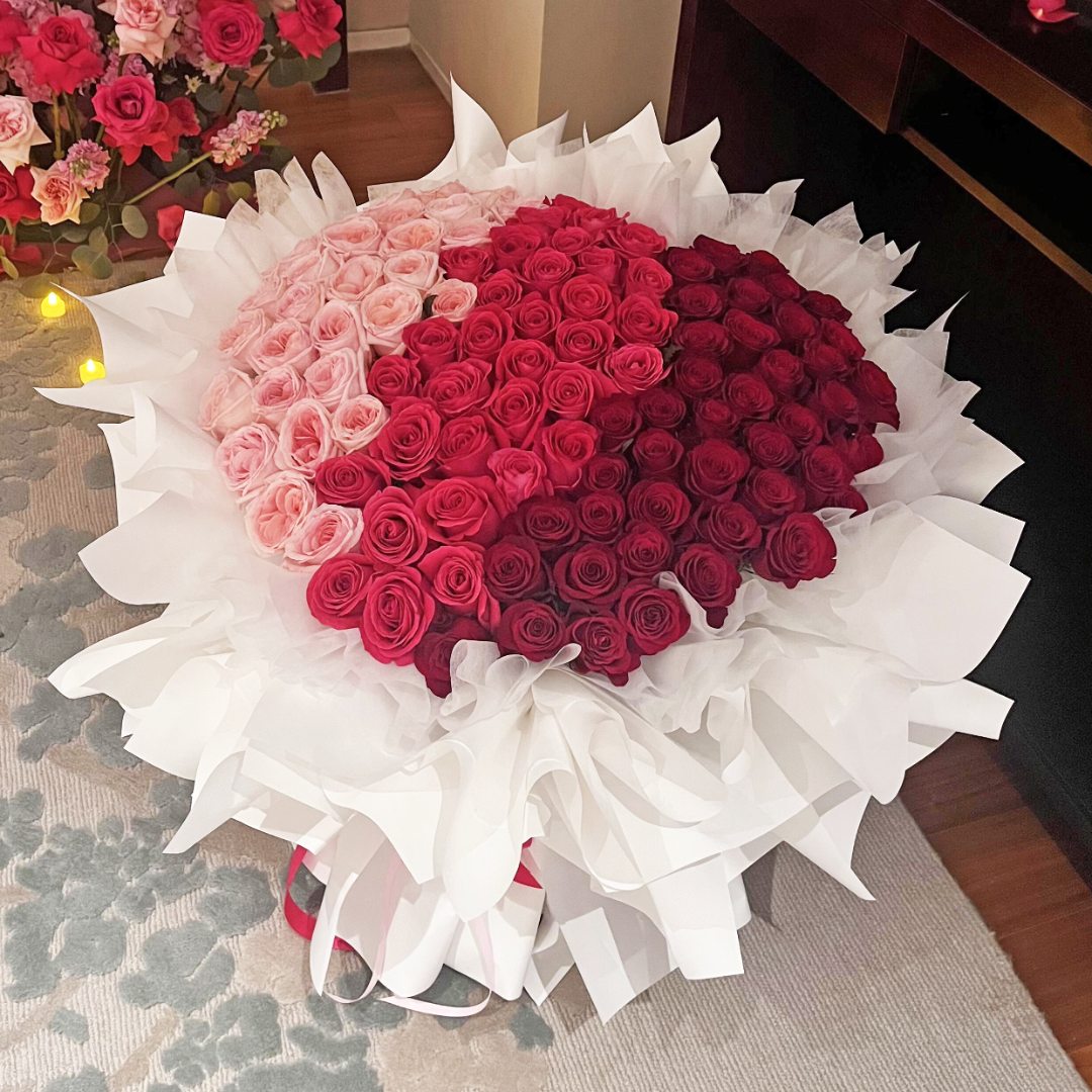 【天下良辰】99朵拼色三色玫瑰鲜花·生日纪念日表白大花束·送花上门