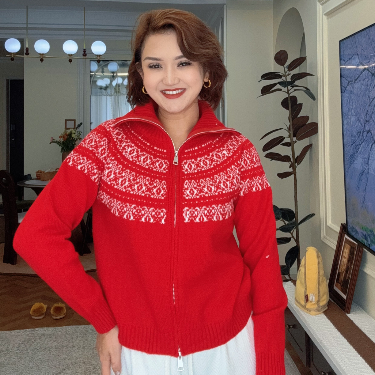 圣诞穿搭费尔岛高领红色双拉链毛衣外套女秋冬慵懒风针织开衫上衣