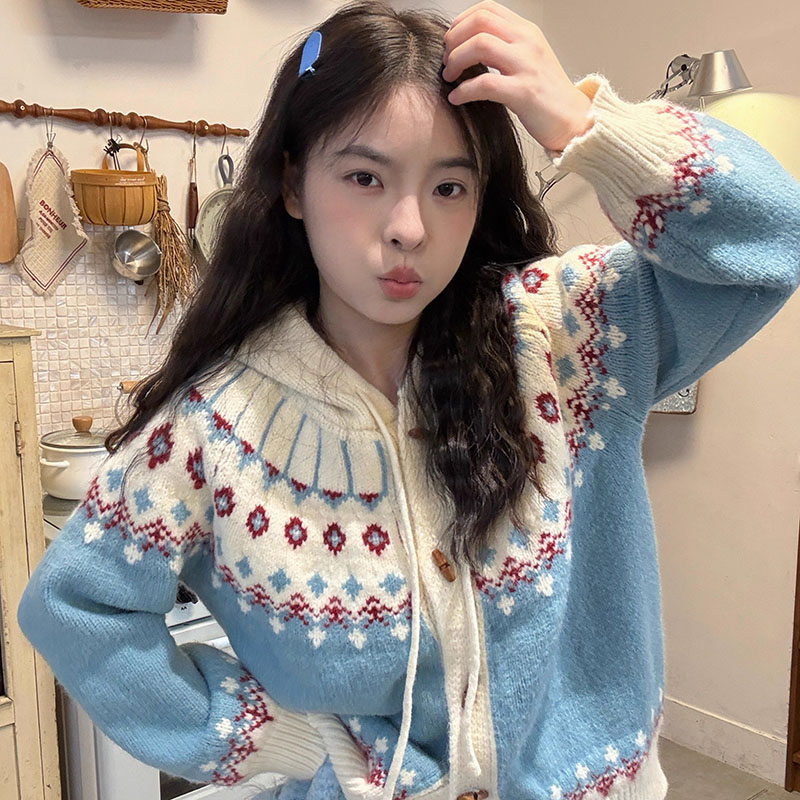 少女费尔岛连帽毛衣外套女秋季2025新款韩系复古减龄加厚针织上衣